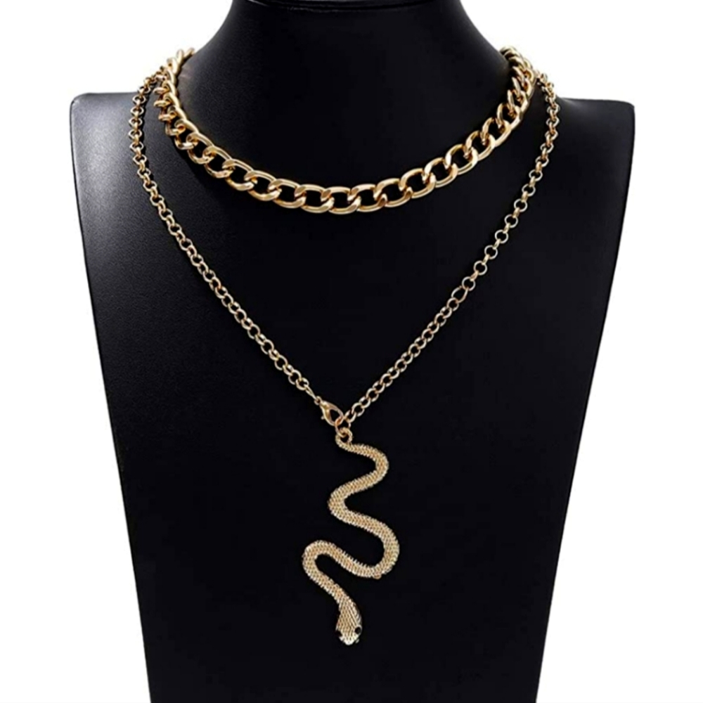 Gold Chunky Cuban Link Double Layer Snake Charm Pendant Necklace NWT - Picture 2 of 4